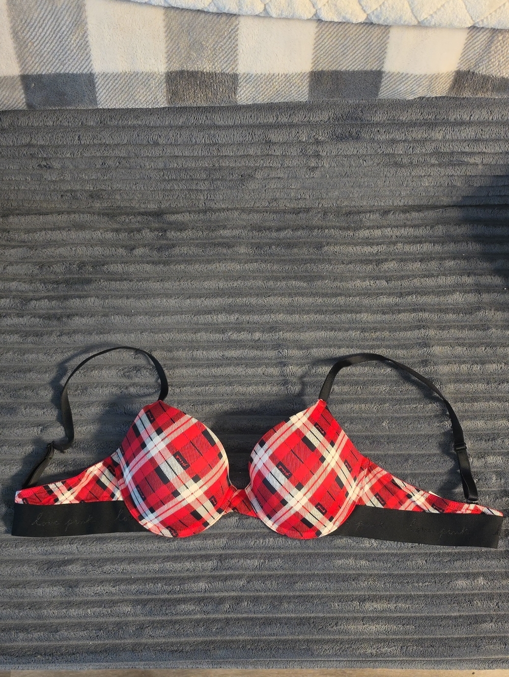 PINK Victoria Secret Red Plaid Push-Up Bra with Black Band - Women Intimates